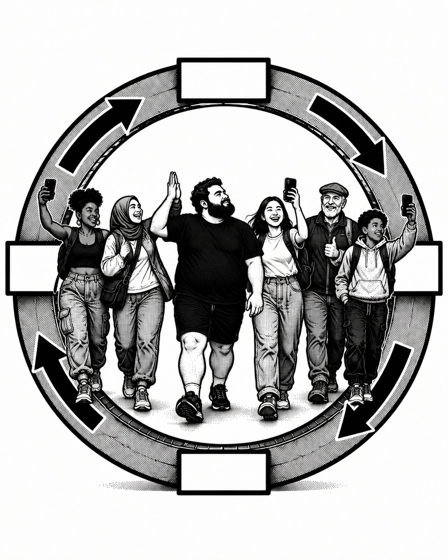 A crew of club members walking the loop together, filming and high-fiving
