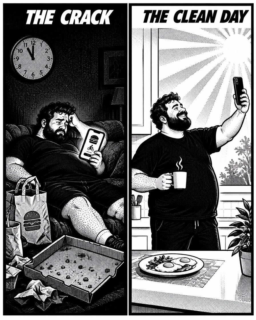 The crack at 11pm on the couch with takeaway vs the clean day the next morning, proud and filming
